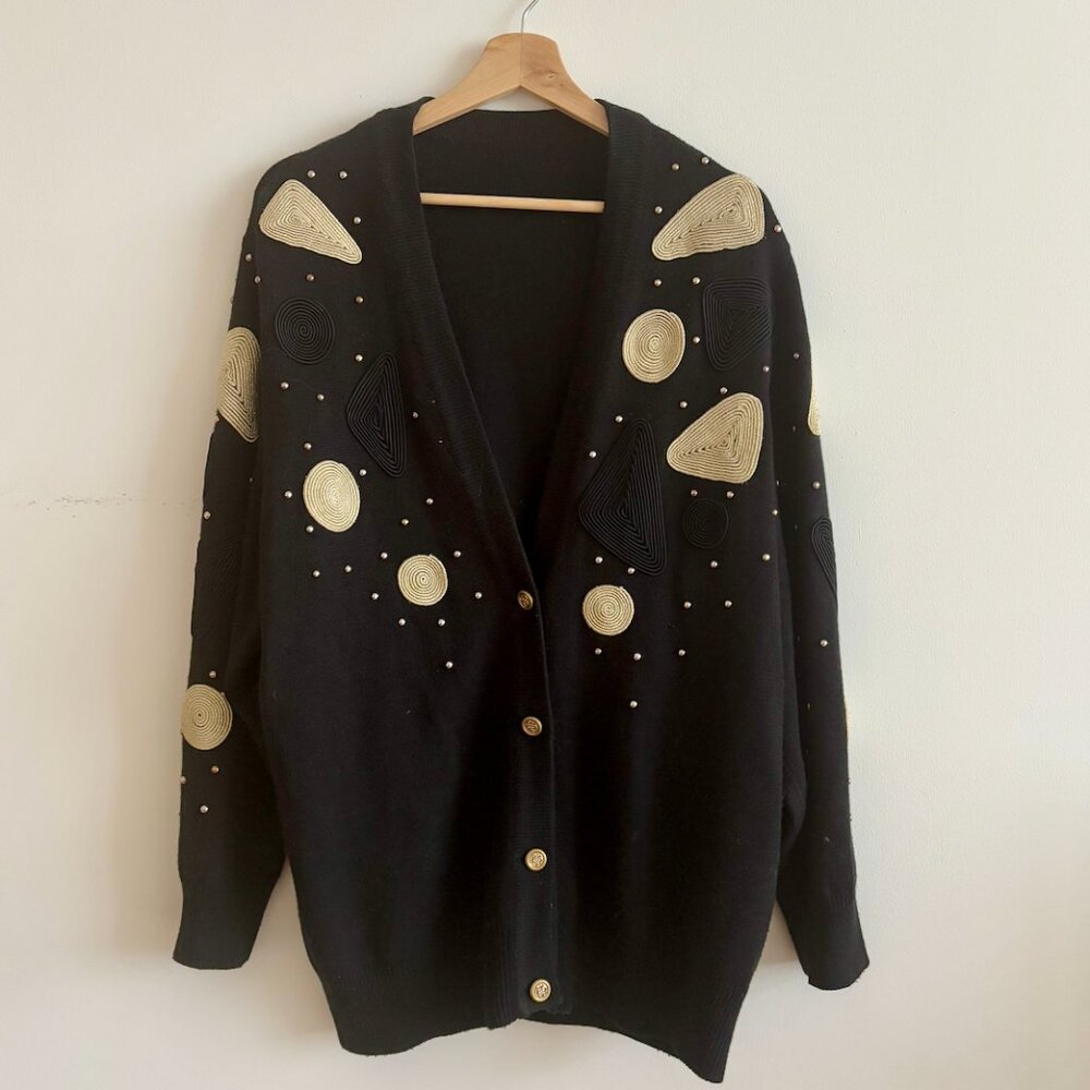 Vintage 1980s Black/Gold Embellished Unique Cardigan Sweater Size S/M